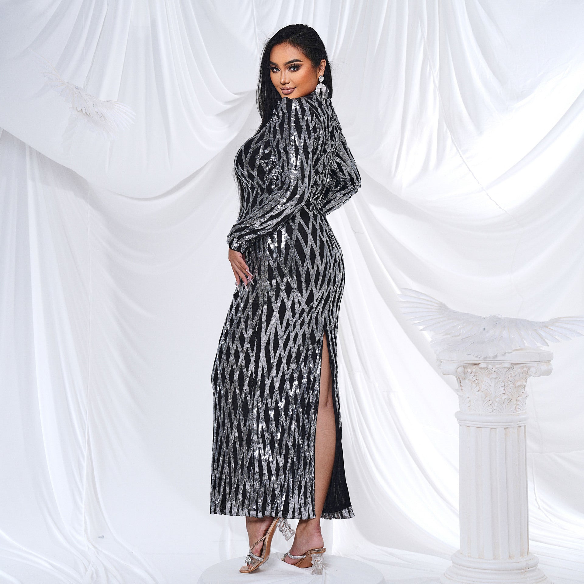 Plus Size Women Long Sleeve Round Neck Formal Party Sequined Fishtail Maxi Evening Dress 4