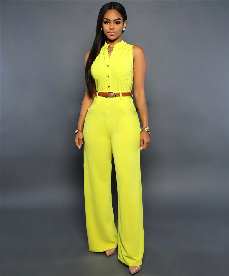 Women's Single Breasted Sleeveless High Waist Belted Wide Leg Jumpsuit 10