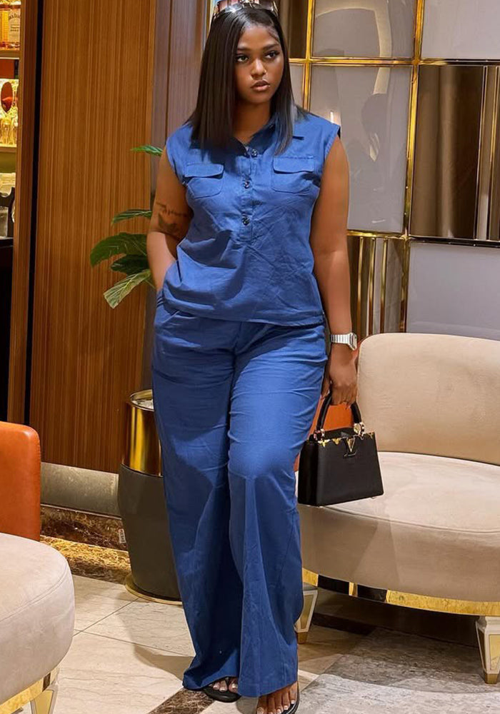 Plus size Women sleeveless vest wide leg pants Two Piece Set