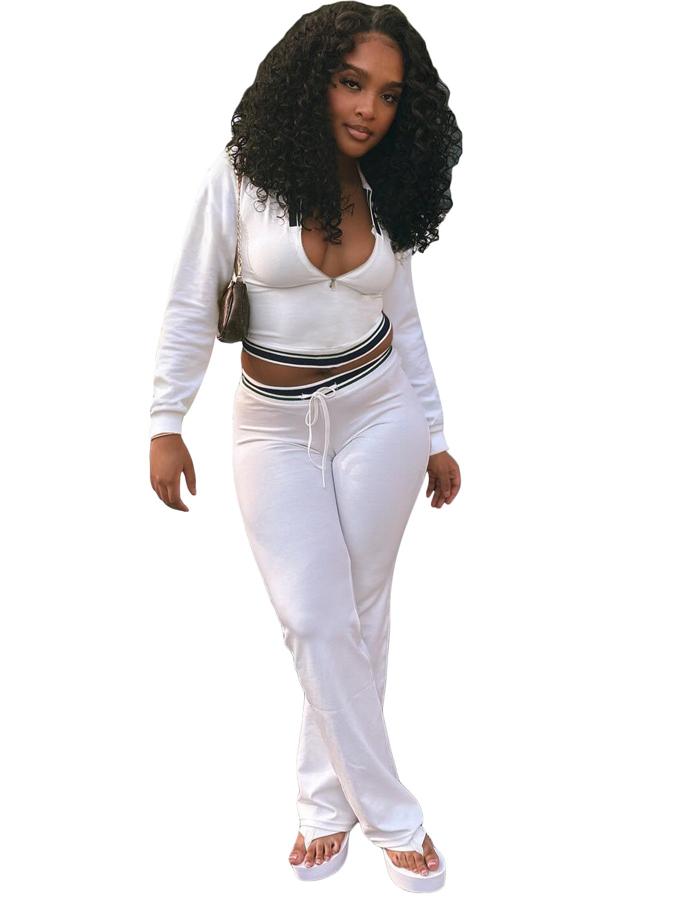 Women Turndown Collar Half-Zip Top and Drawstring Wide-Leg Pants Casual Athletic Two-Piece Set 29