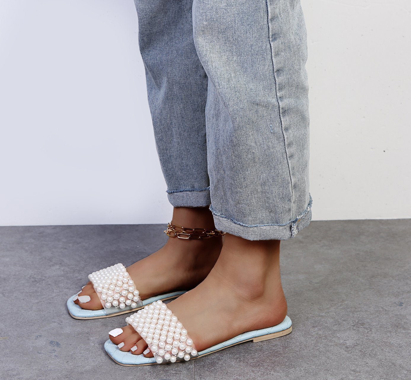 Ladies Summer Flat Slip-On Pearl Sandals 19