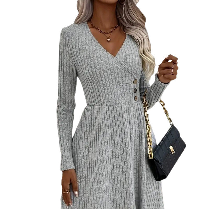 Autumn & Winter Fashion Chic Solid Color V-Neck Knit Dress 5