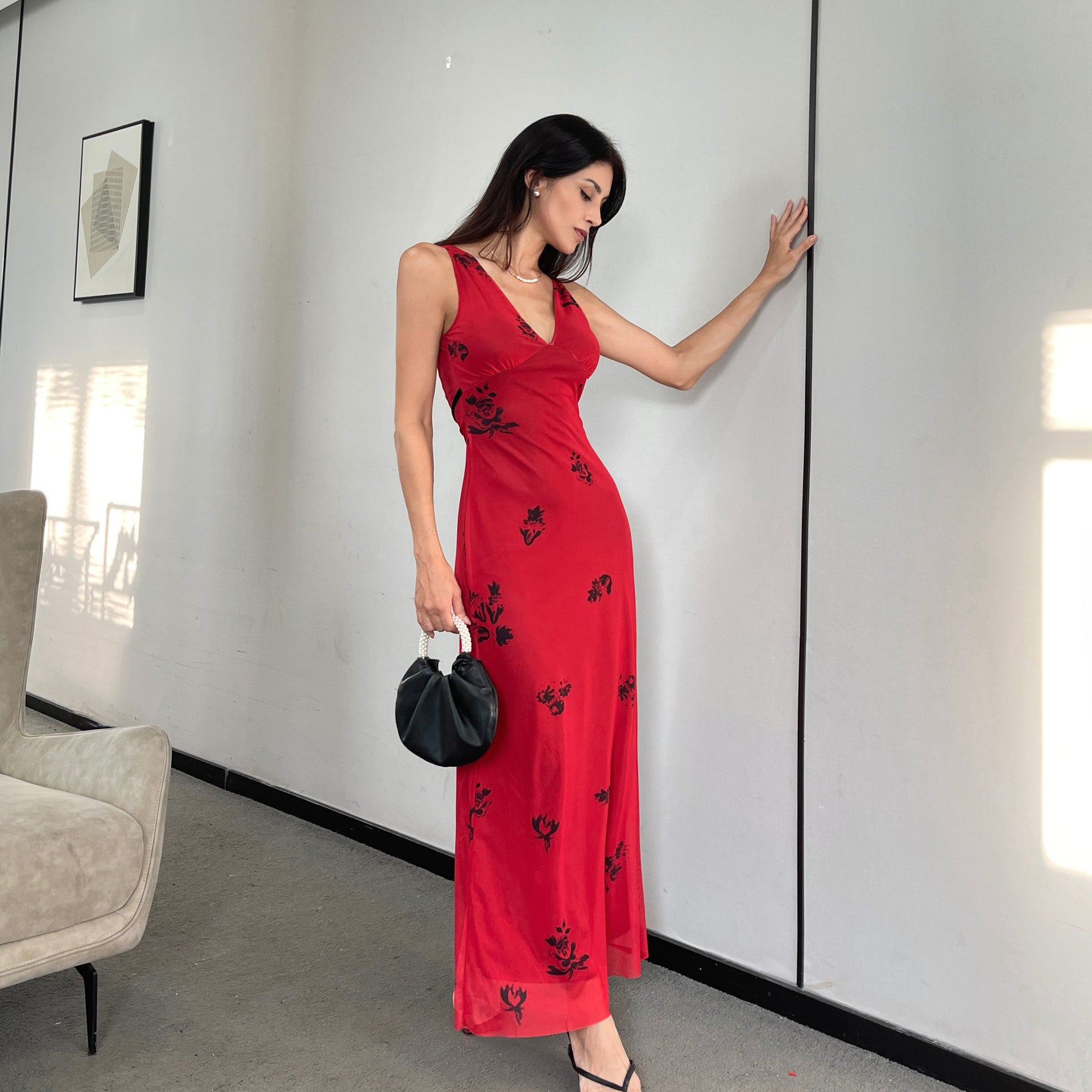 Women Sexy V Neck Printed Strap Dress 4