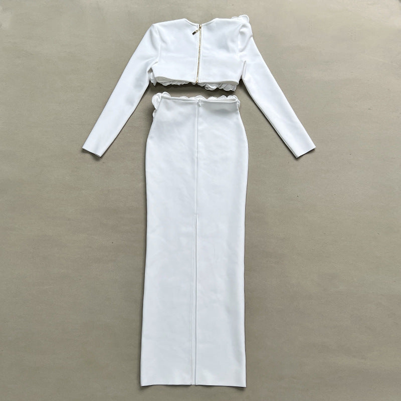 Solid Color Long Sleeve Flower Bandage Top Long Skirt Two-Piece Set 20