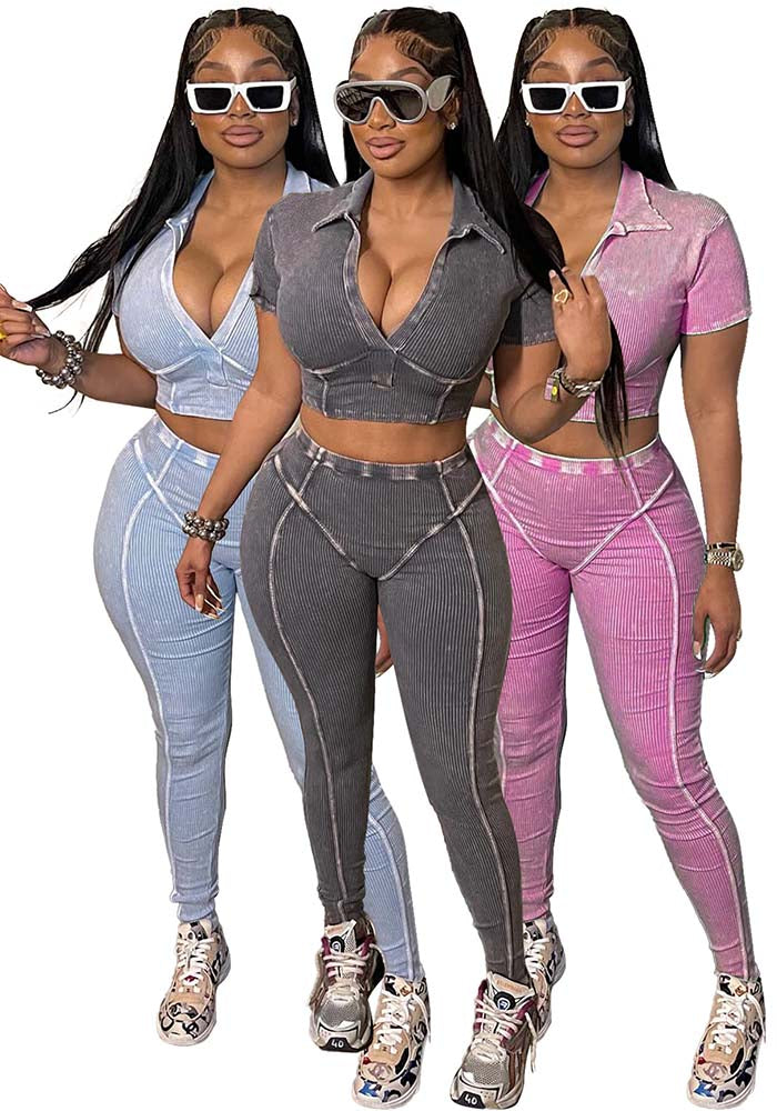 Women Washed and distressed Turndown Collar V Neck two-piece set