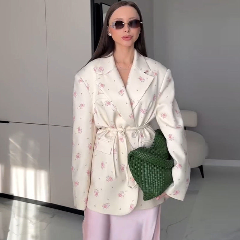 Women's Spring/Summer Printed Loose Turndown Collar Lace-Up Slim-Waist Jacket 4