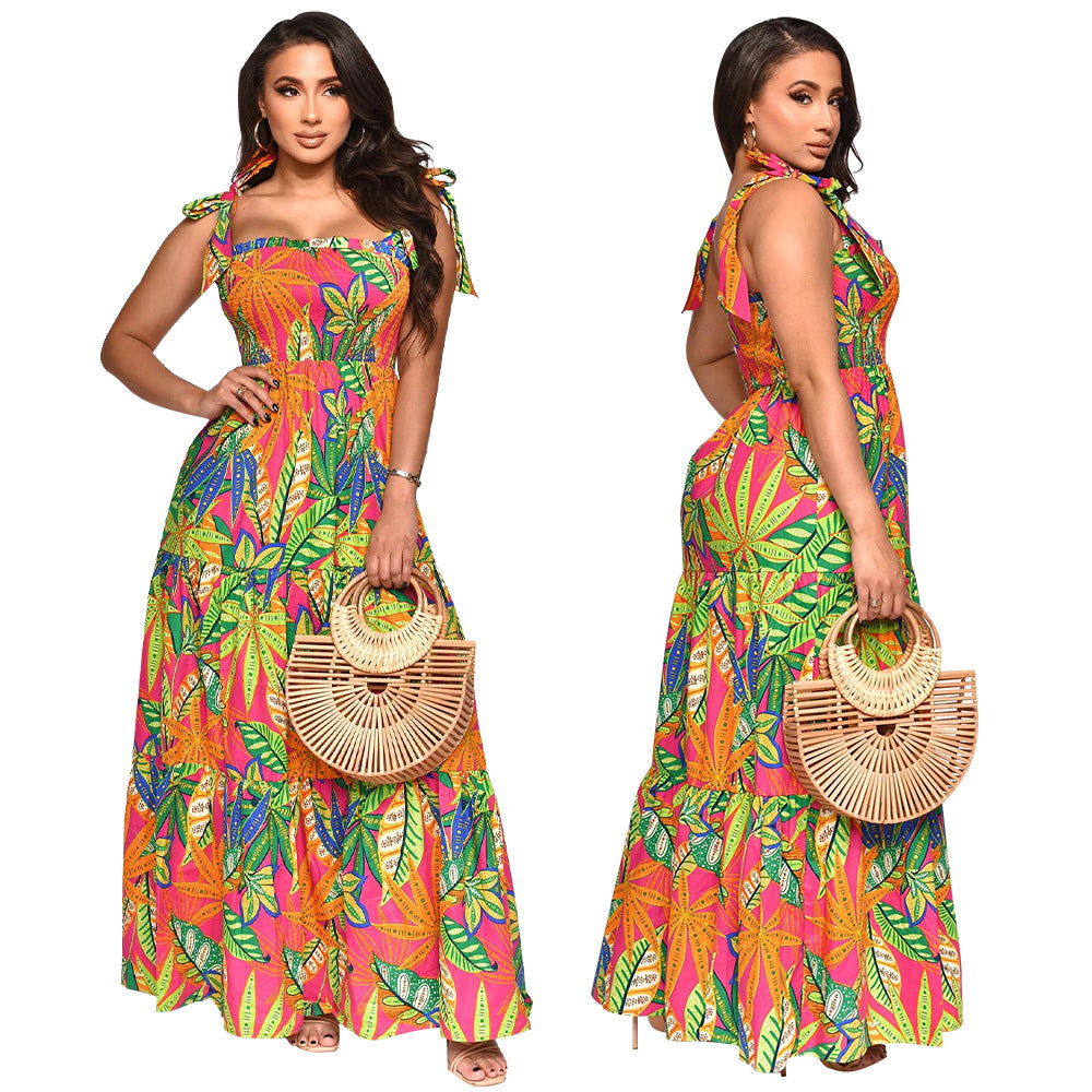 Women Off Shoulder Sleeveless Tie Print Beach Dress 4