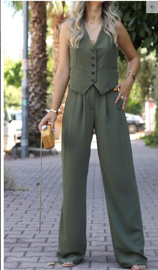 Women V-Neck Sleeveless Vest and Wide Leg Trousers Two Piece Set 12