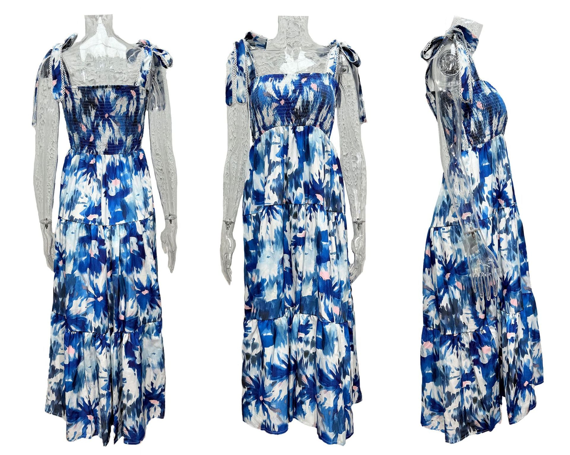 Spring and Summer Women's Strap Elastic Waist Strap Print Long Dress 4