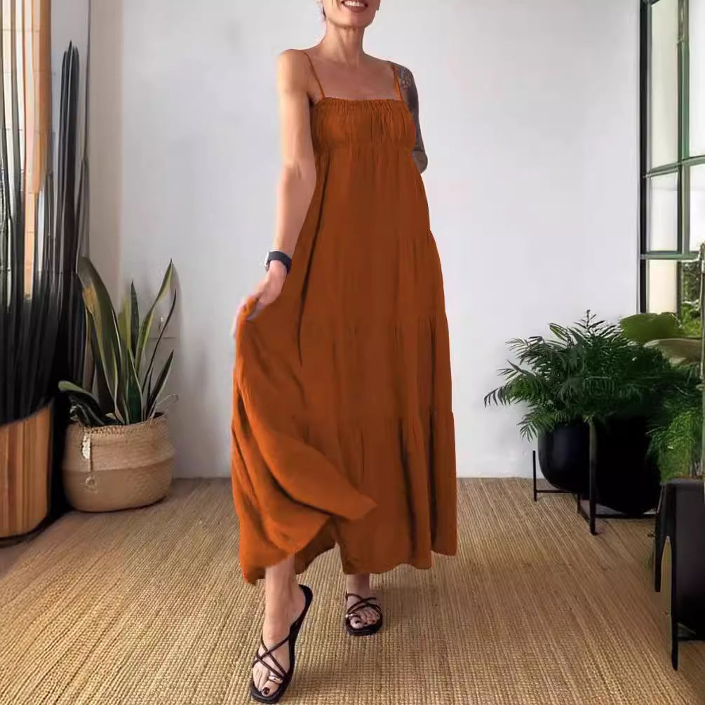 Spring Summer Women's Solid Color Casual Strap Loose Dress 6