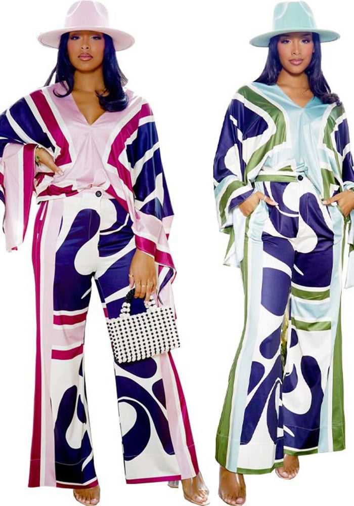 Plus Size Fashion v-Neck Wide Split Long Sleeve Top Bell Bottom Pants Set