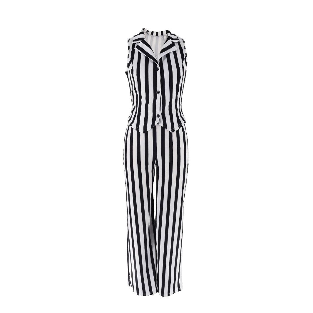 Women casual black and white striped sleeveless top and wide-leg pants two-piece set 6