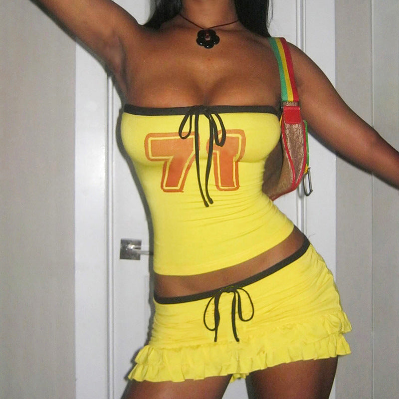 Women summer drawstring Lace-Up sleeveless Strapless Top And Ruffle Edge Skirt two-piece set 3