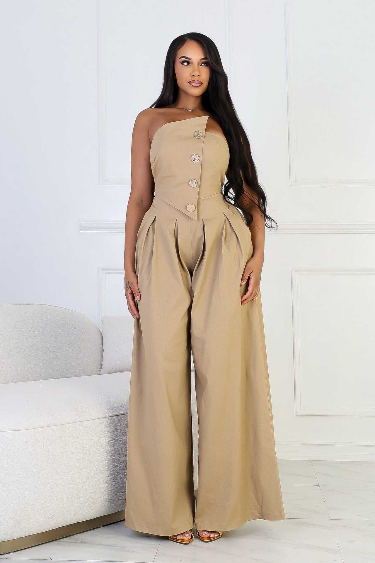 Women Style Strapless Large Button Sleeveless Wide-Leg Jumpsuit 5