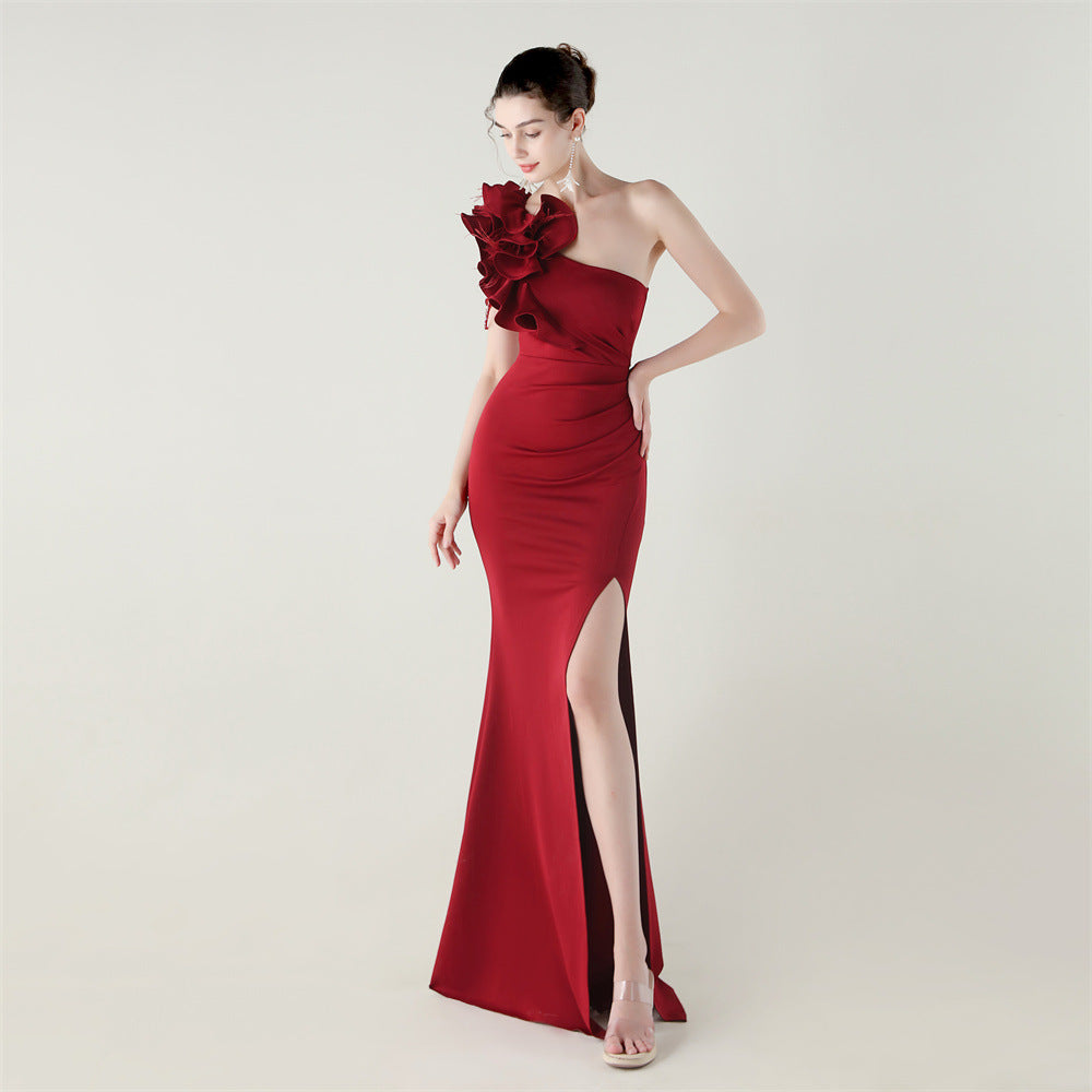 Women One-Shoulder Beaded Wool and Floral Satin Slit Sexy Evening Dress 22