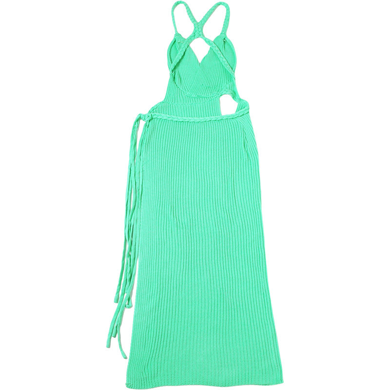 Women's Summer Sexy Solid Color V-Neck Hollow-out Knitting Fringe Side Slit Dress 11