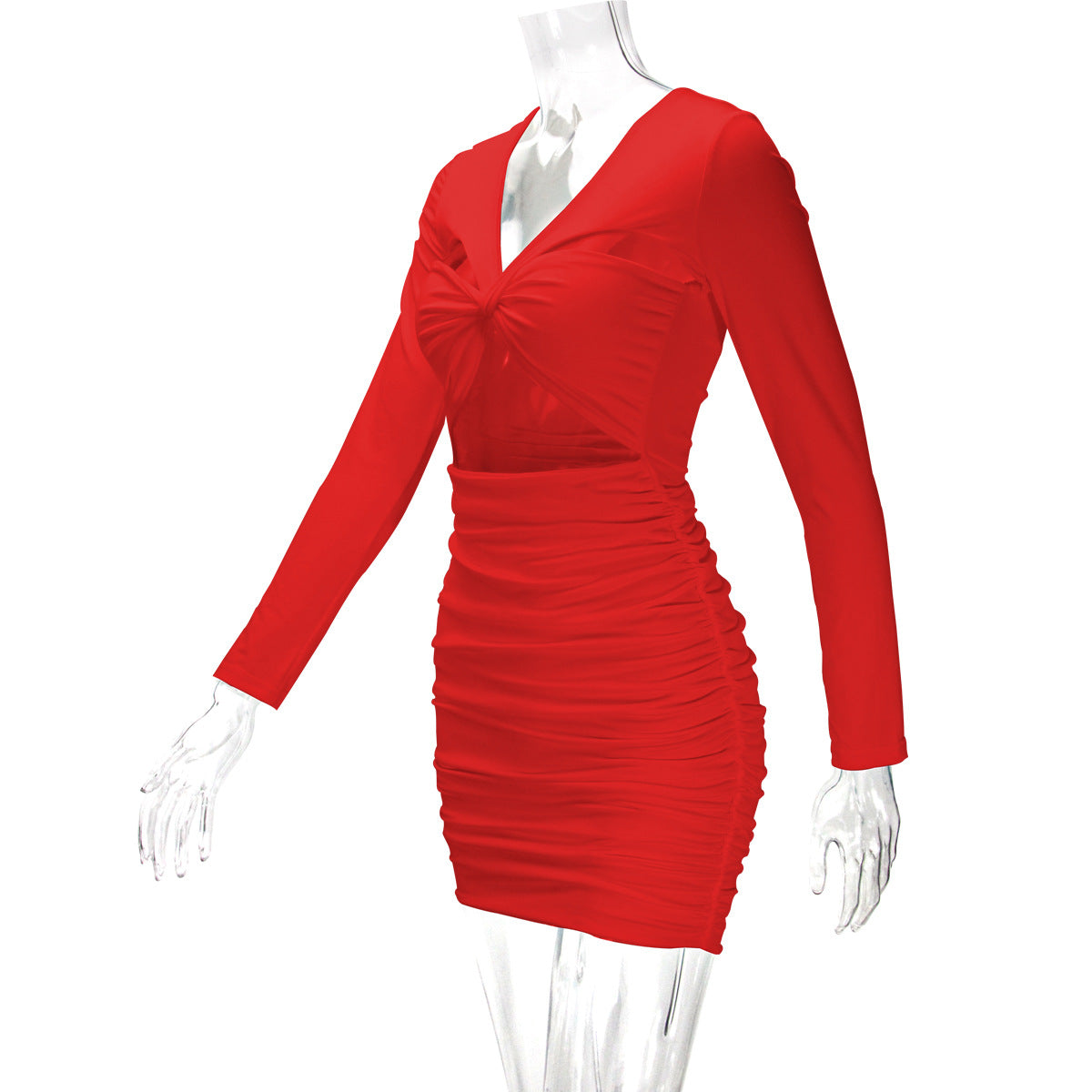 Women Sexy Hollow Long Sleeve Pleated Bodycon Dress 17