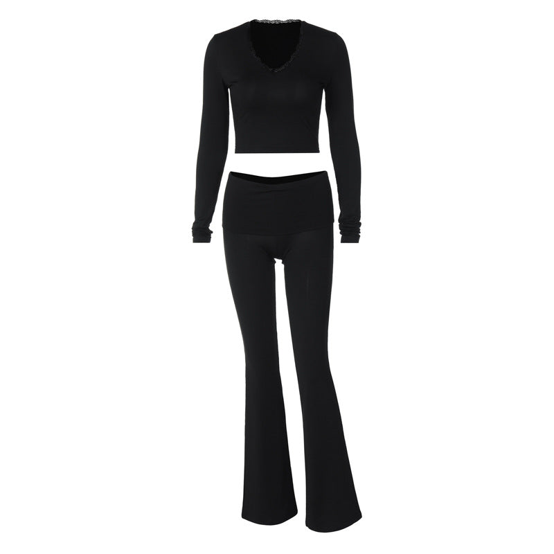 Women's Spring Fashion V-Neck Crop Top Slim Solid Color Tight Pants Two Piece Set 8