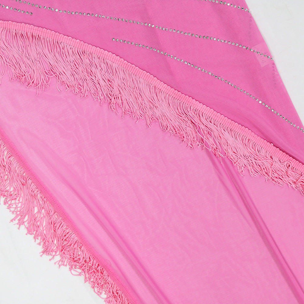 Sexy Solid Color Beaded Slash Shoulder Tassel Irregular Dress For Women 17