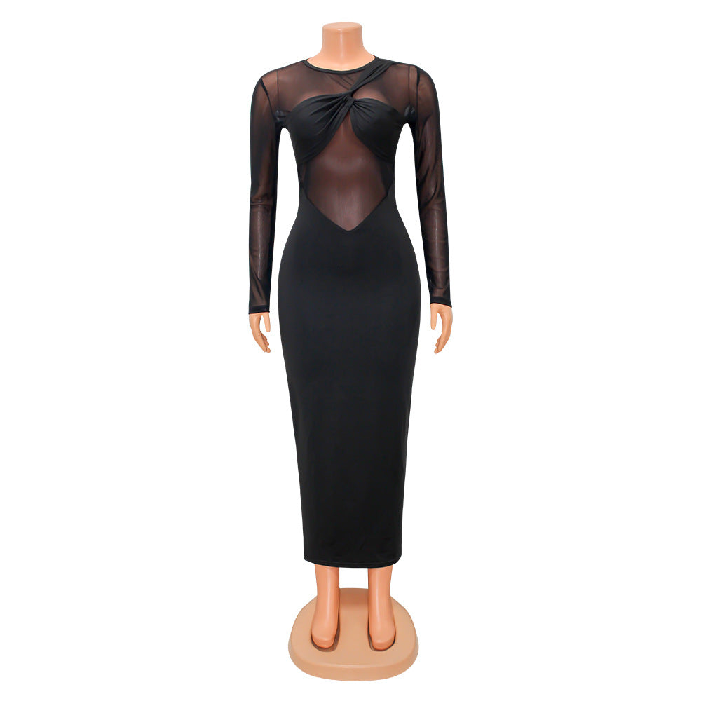 Women's Sexy Tight Fitting Mesh See-Through Solid Color Long Sleeve Dress 8