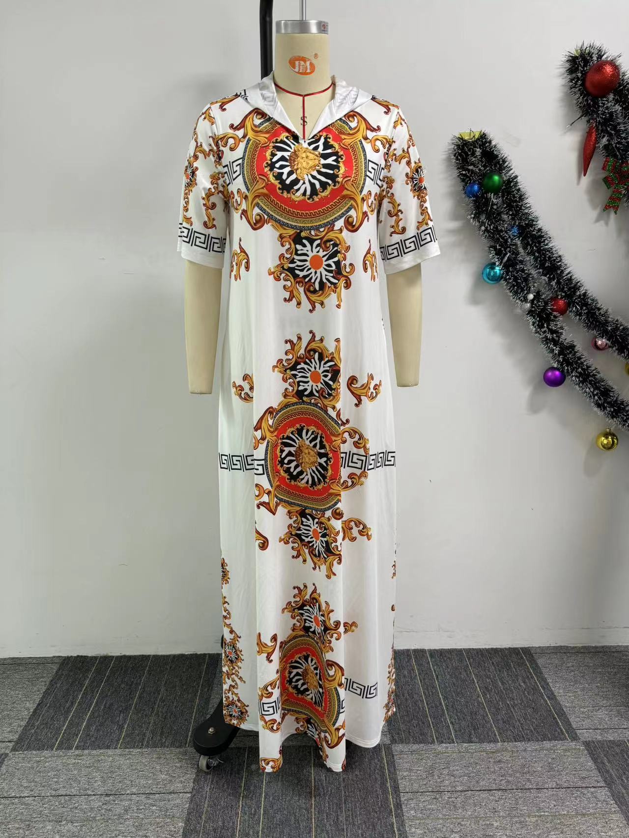 African Printed Hooded Short-Sleeved Split Loose Long Dress 8