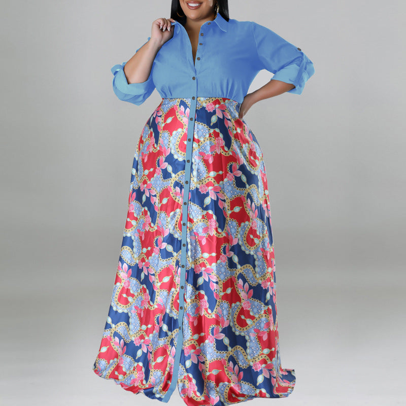 Plus Size Autumn Women's Turndown Collar Button Up Long Sleeve Shirt Dress 3