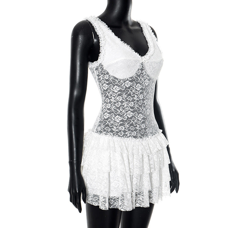 Summer women's straps transparent lace multi-layer ruffle dress 8