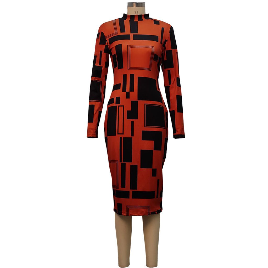 Women's Fashion Digital Printed Long Sleeve Round Neck Sexy Tight Fitting Bodycon Dress 9