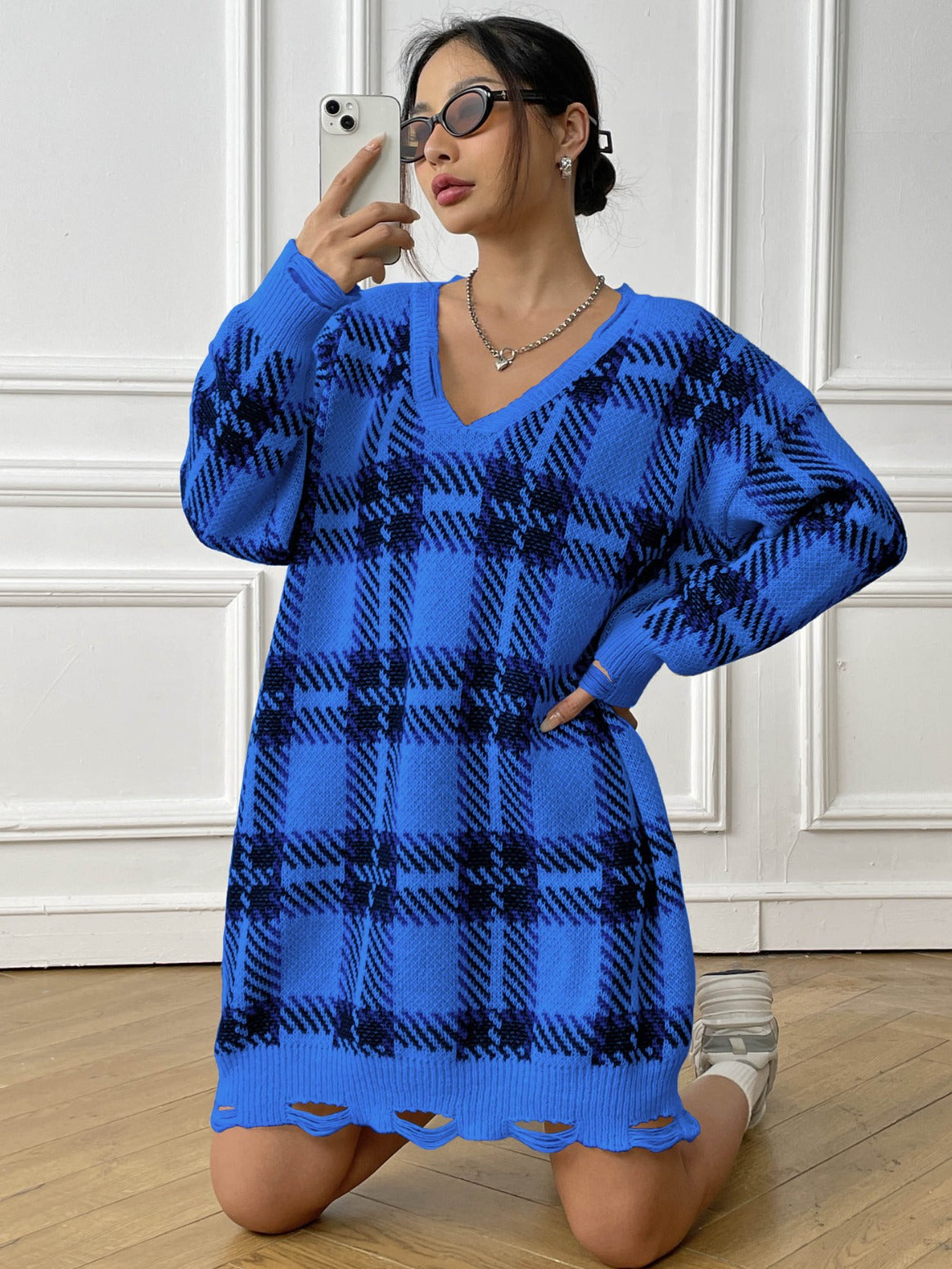 Women Autumn and Winter Contrast Color Patchwork Plaid Long Sleeve Casual Sweater Dress 9