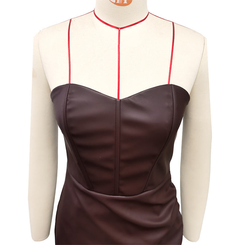 Women Strapless Sexy Bodycon Pu-Leather Dress 13