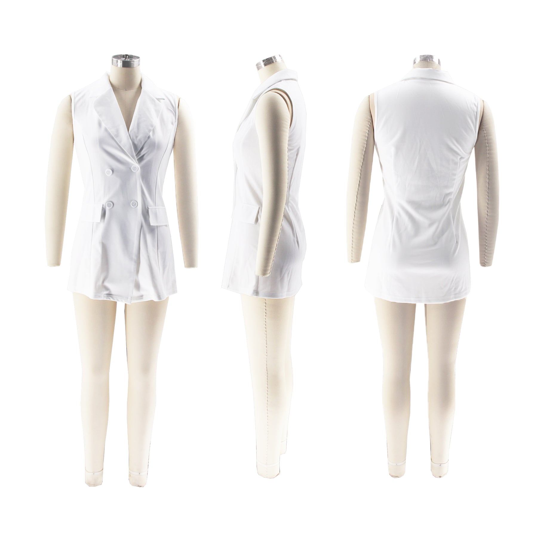 Women Summer Chic Sleeveless Turndown Collar Solid Button Blazer 9