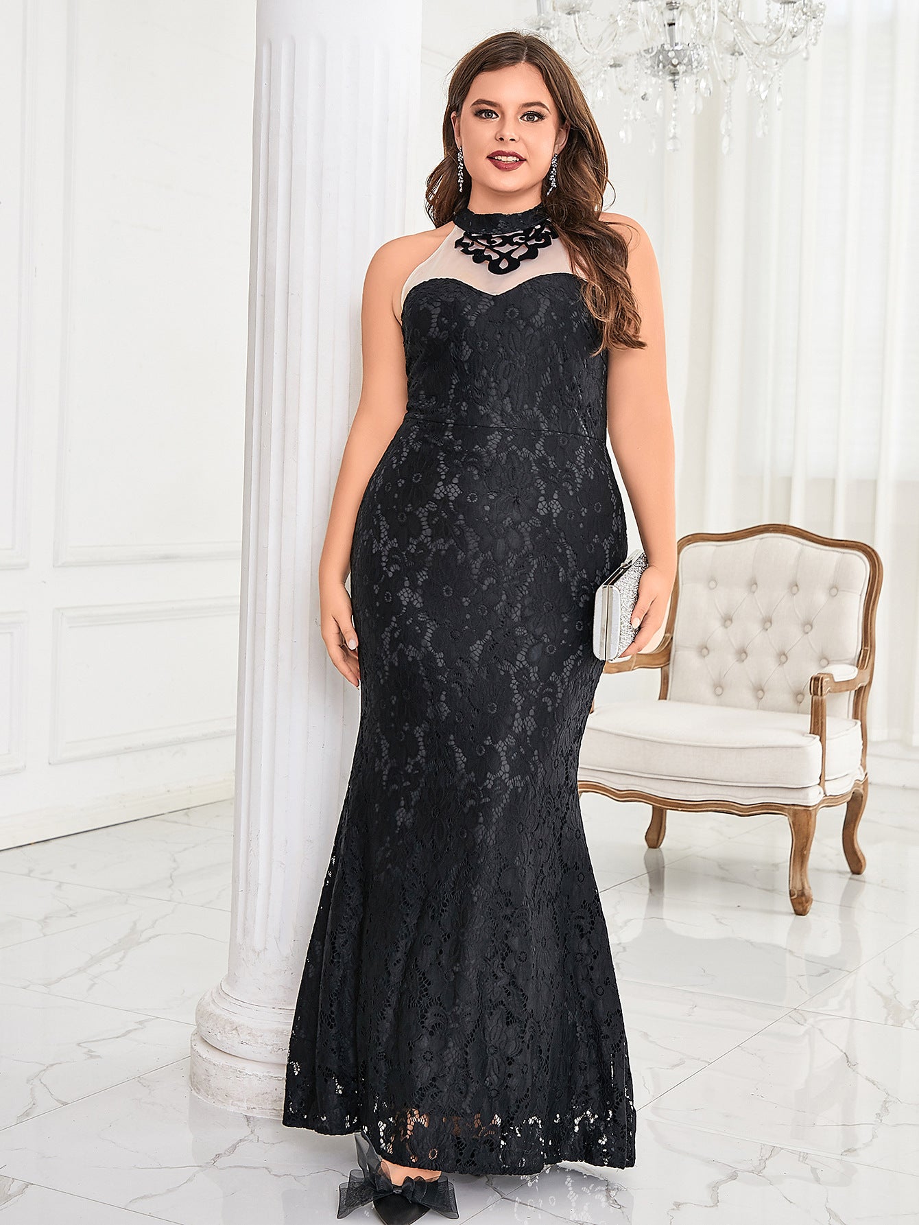 Plus Size Women Round Neck Sleeveless Elegant Formal Party Evening Dress