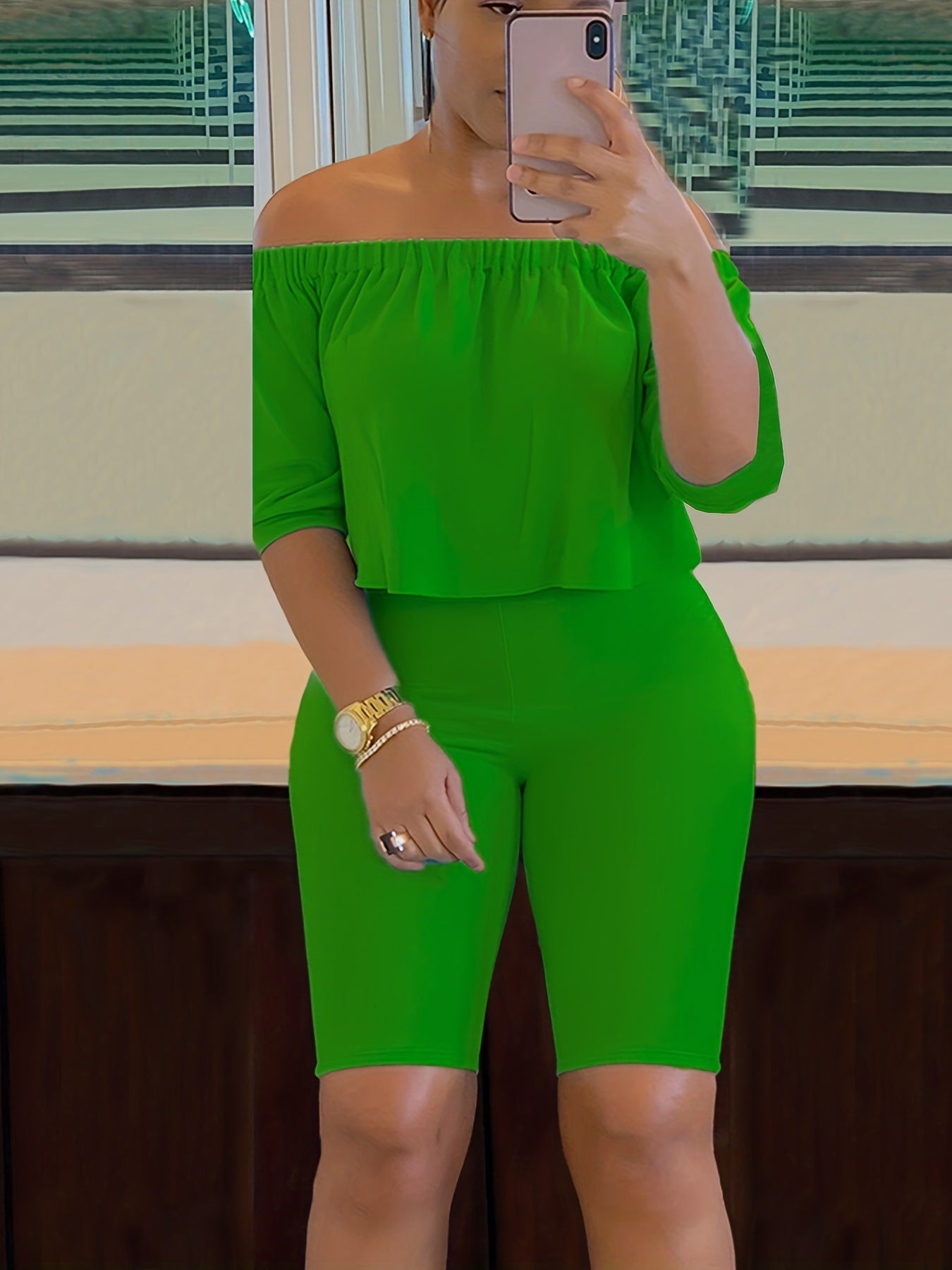 Off-Shoulder Top High-Stretch Shorts Summer Two-Piece Set 11