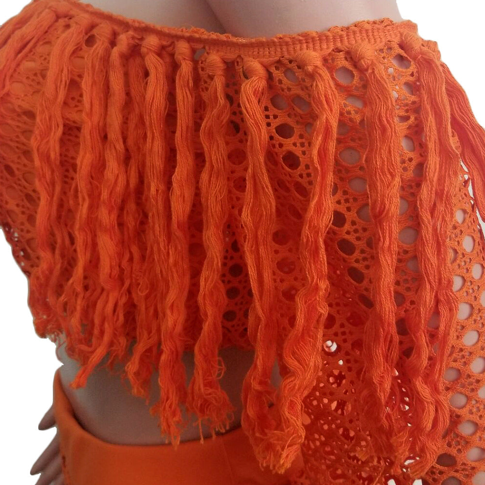 Summer Hollow Sexy Fashion Mesh Tassel See-Through Two-Piece Skirt Set 26