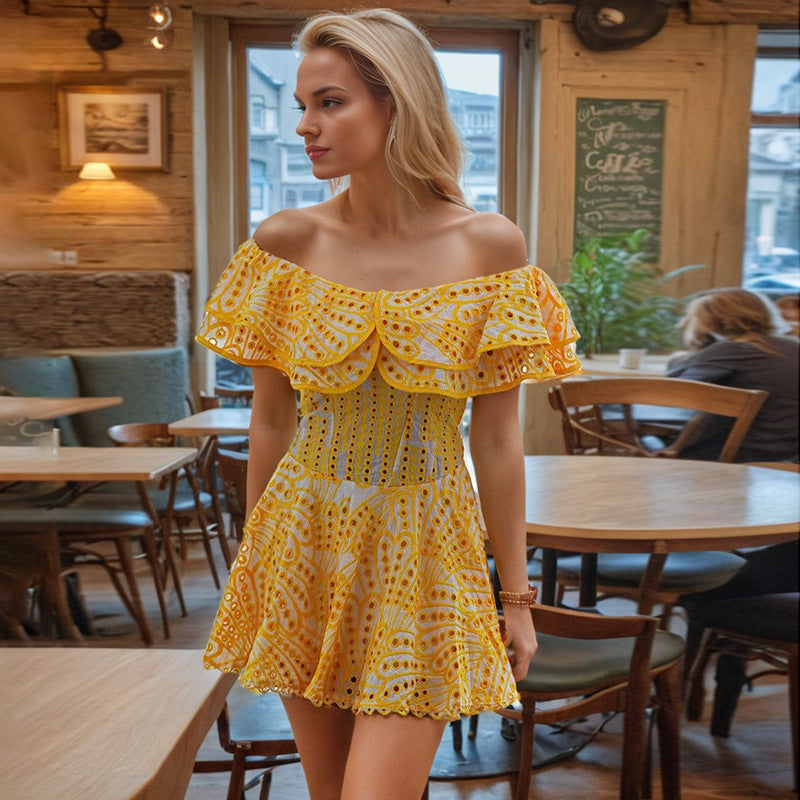 Women Holidays Off Shoulder Embroidered Ruffle Dress 3