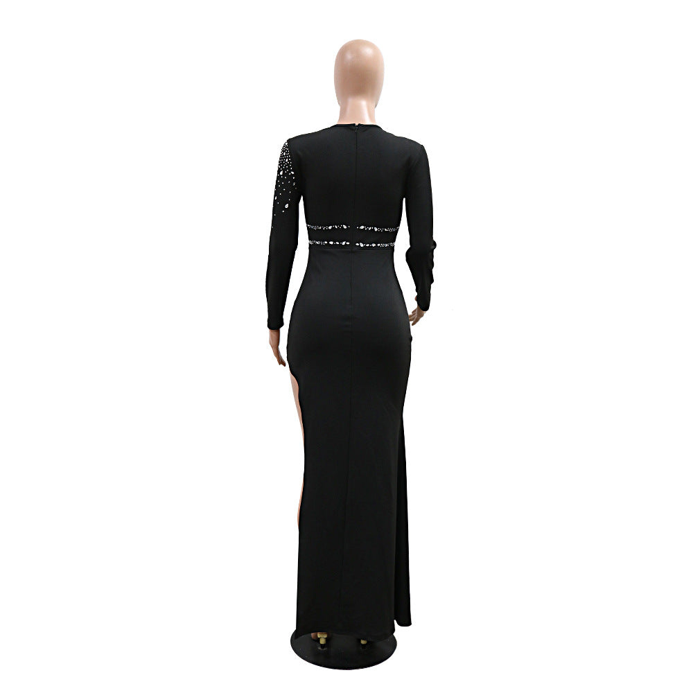 Women Round Neck Long Sleeve Beaded Hollow High Slit Dress 8