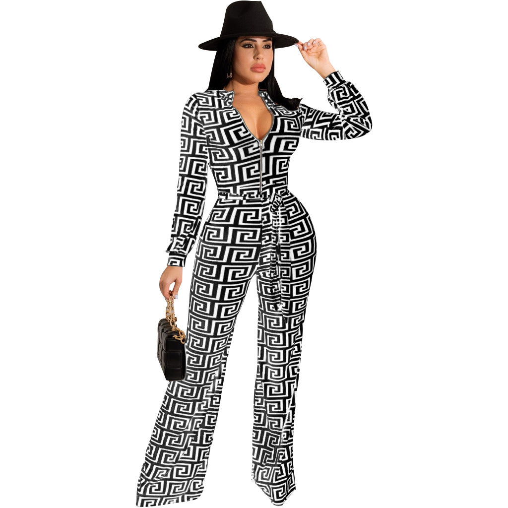 Sexy Fashion Printing Long-Sleeved V-Neck Jumpsuit 5