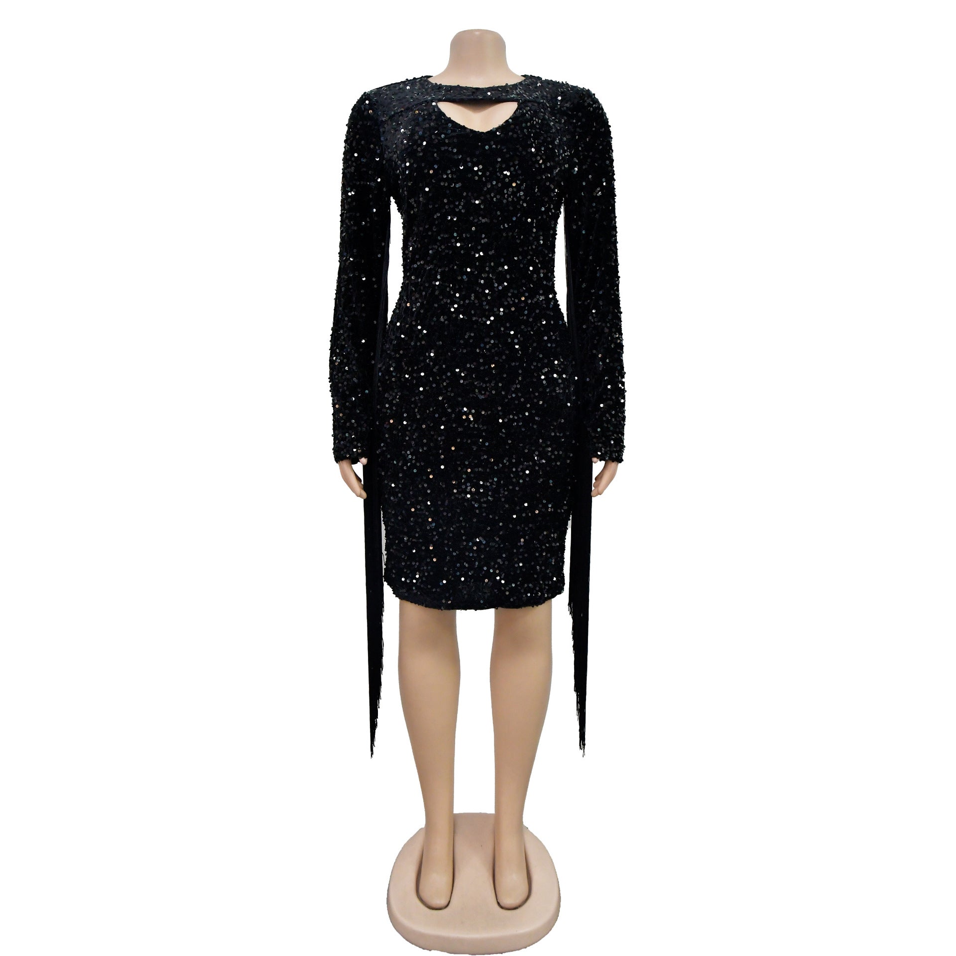Women Solid Sequined Tassel Long Sleeve Dress 9