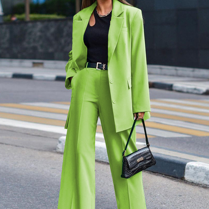 Women Solid Long Sleeve Suit and Wide Leg Pants Two Piece Set 4