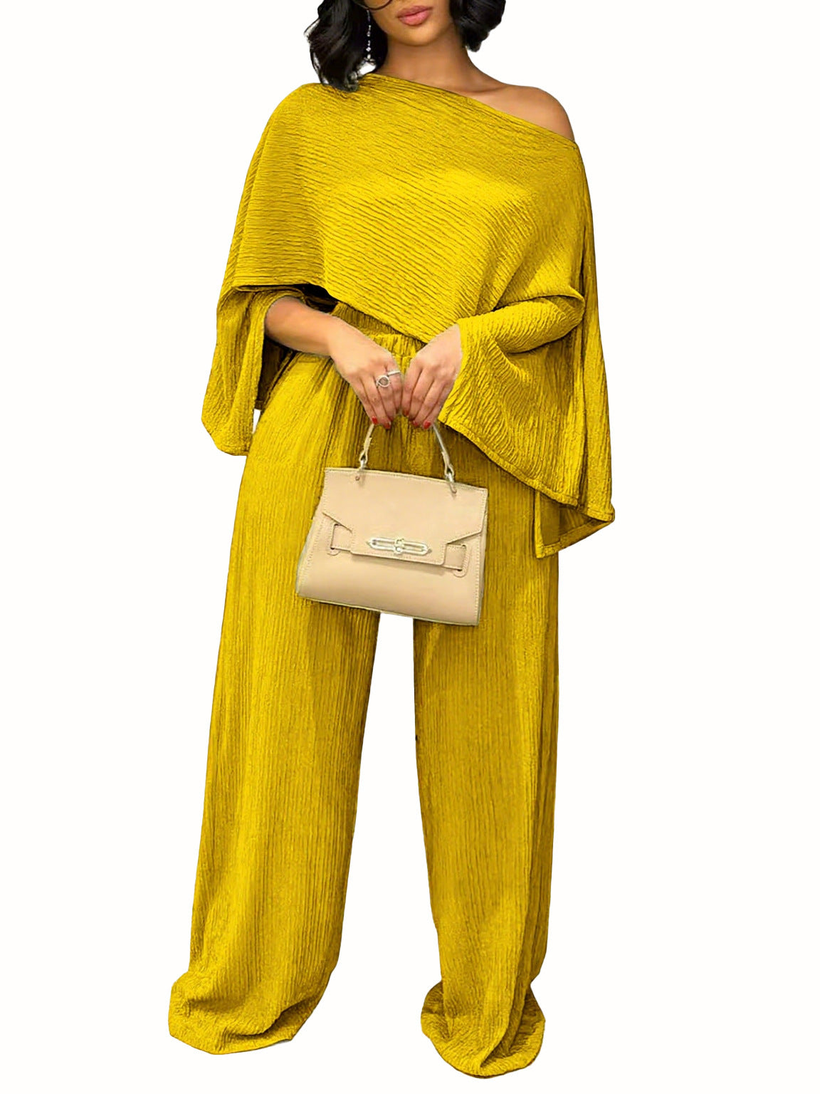 Women's Fashion Sexy Beach Holidays Solid Slash Shoulder Irregular Top with Elastic Waist Pockets Long Pants Set 14