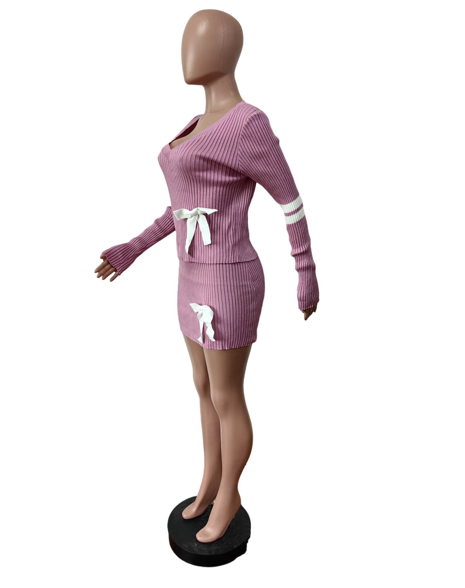 Women Casual Bowknot V-neck Sweater And Skirt Two Piece Set 10