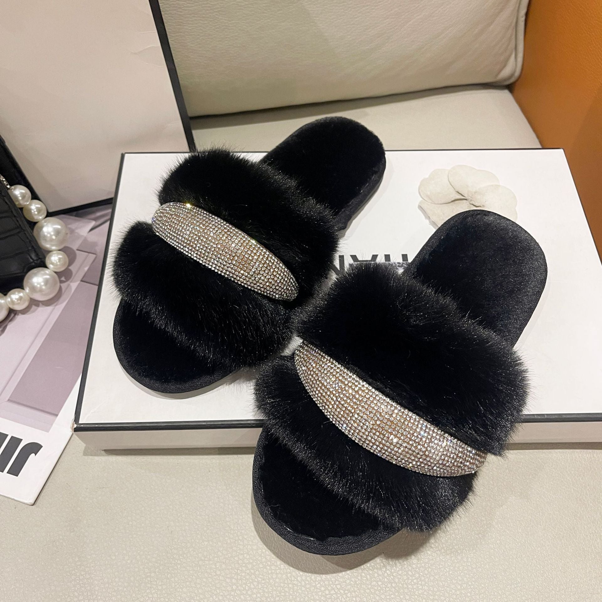 Fluffy Crystal Diamond Flat Slippers 11