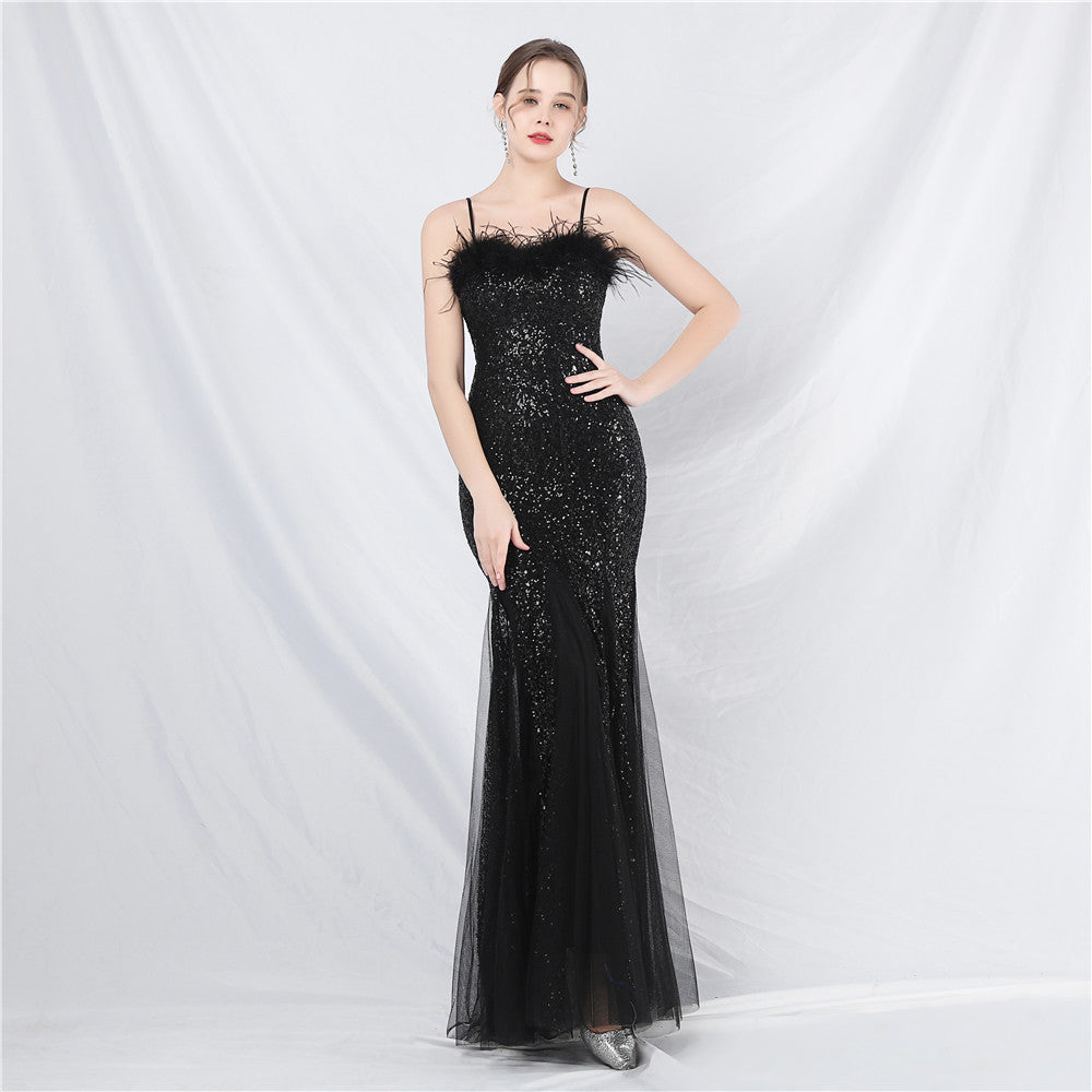 luxury feather mesh sequined long evening dress 11