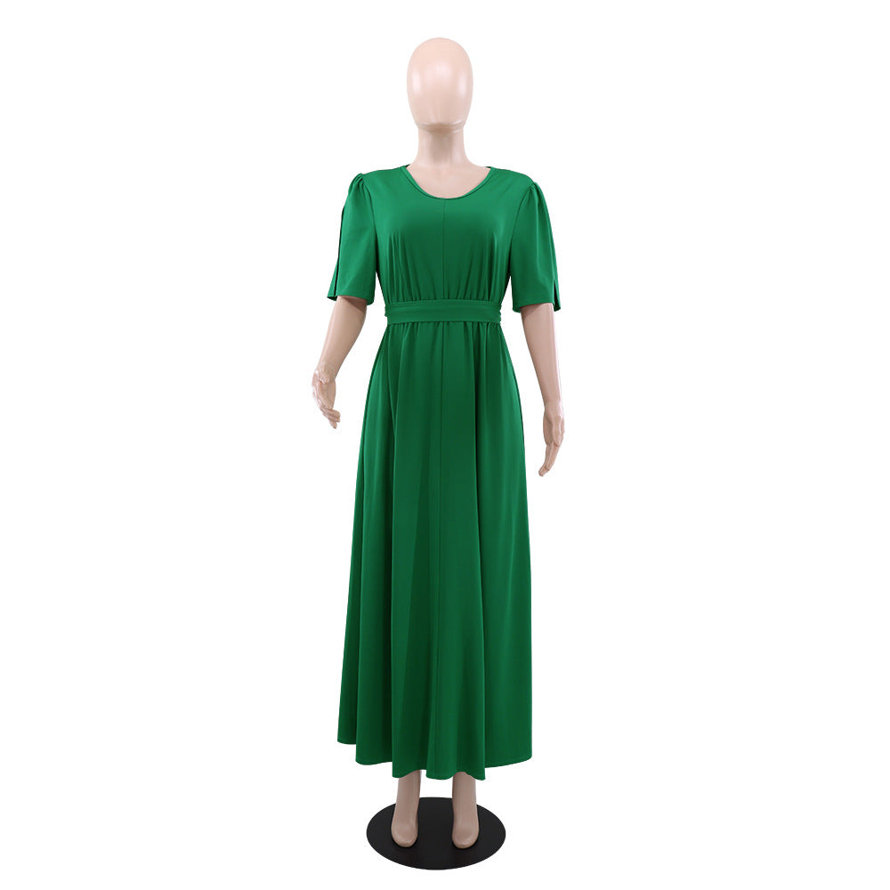 Green Round V-Neck High Waist Belt Short Sleeve Elegant Long Dress 5