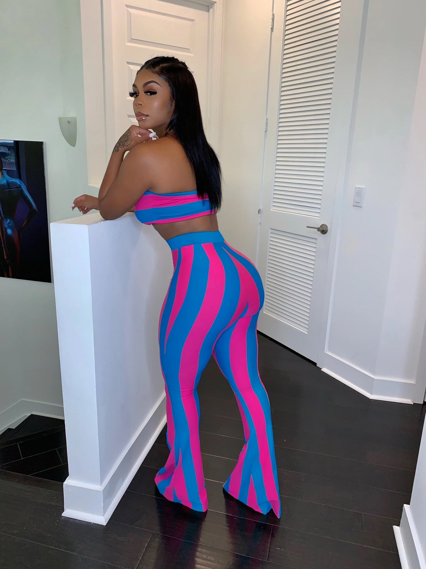 Spring Striped Strapless Crop Top Bell Bottom Pants Set 6