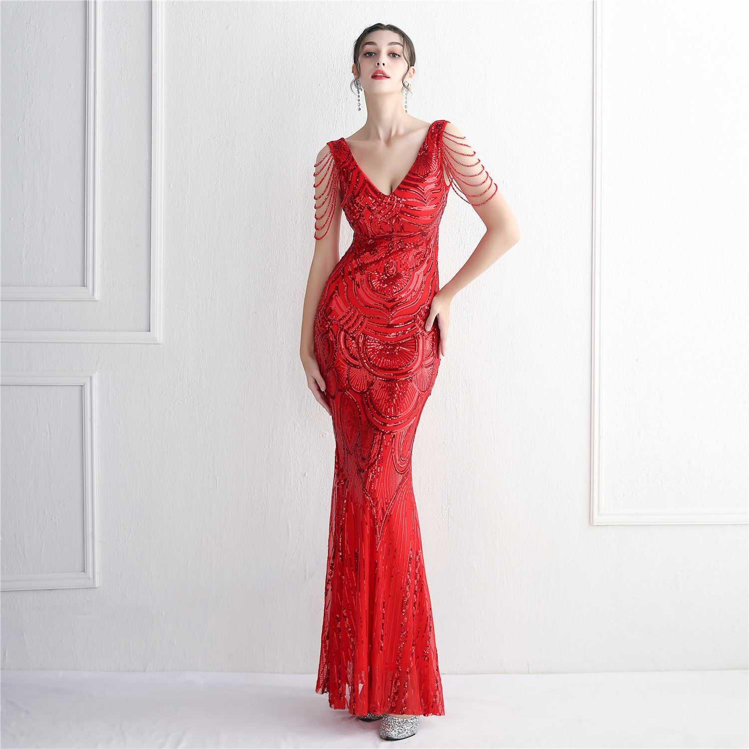 WomenElegant Sequins V Neck Evening Dress 6