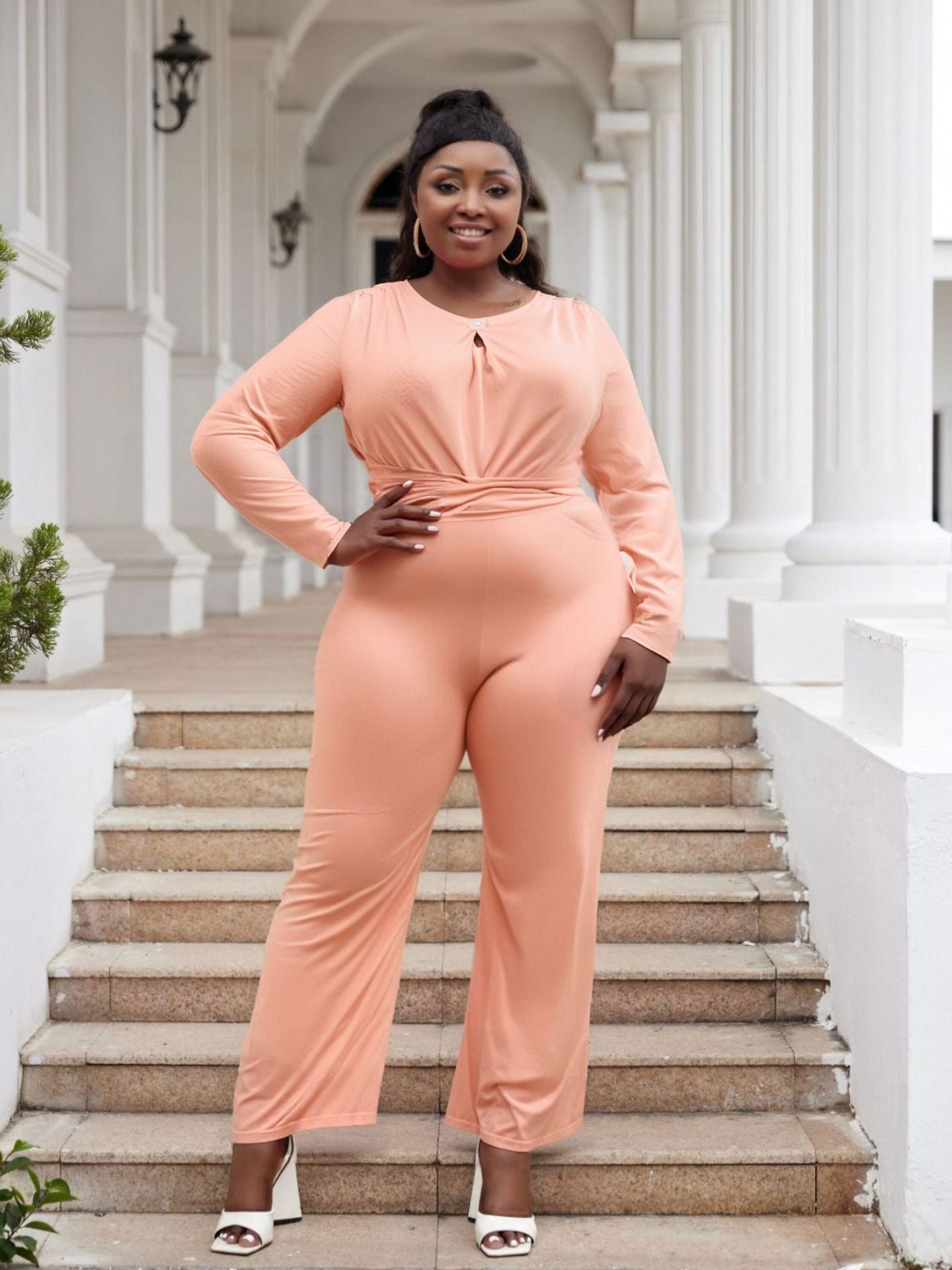 Plus Size Women Elegant Stretchy Hollow Wide Leg Jumpsuit 6