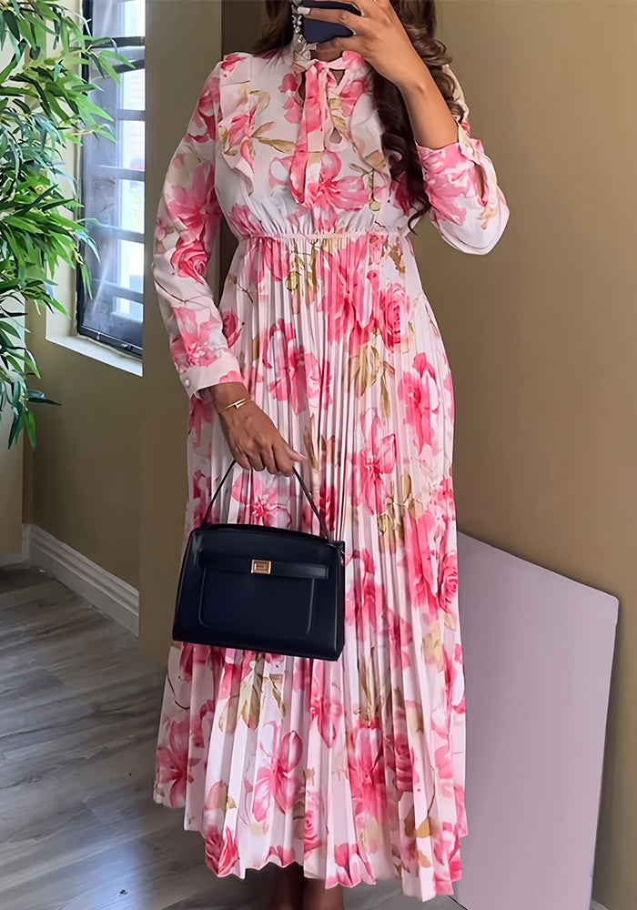 Women Elegant Holiday Print Long-Sleeved Pleated Dress