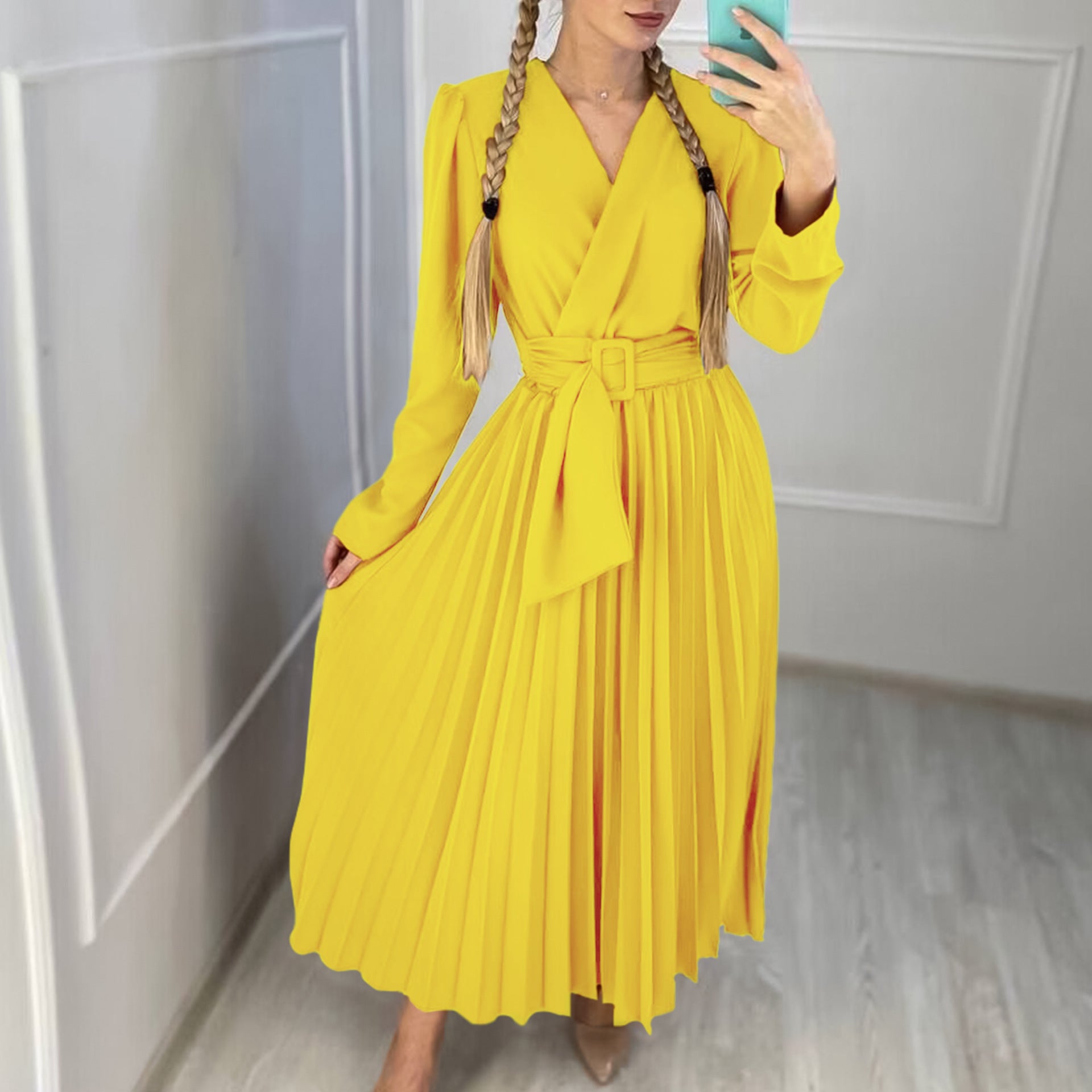 V-Neck Chic Elegant Slim Waist Belted Pleated High Waist Plus Size Dress 5