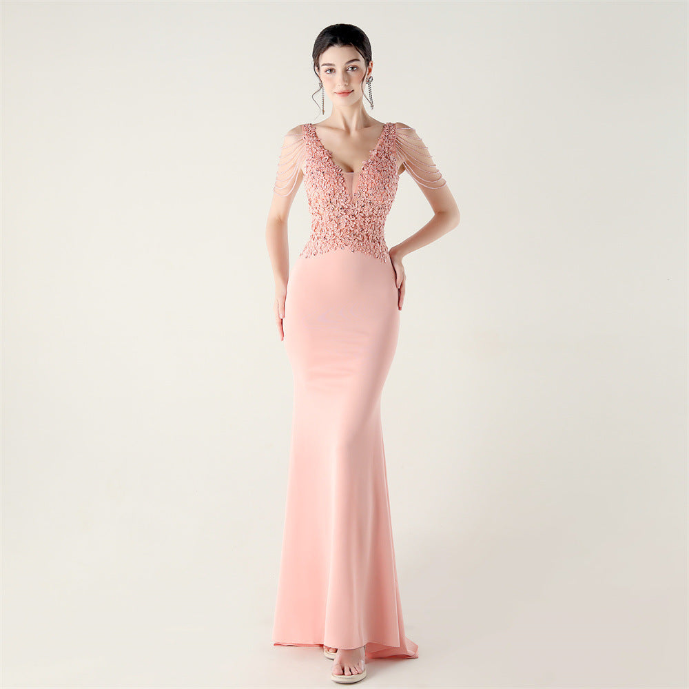 Women Heavy Lace Beaded Slit Fishtail Skirt Sexy Elegant Evening Evening Dress 13